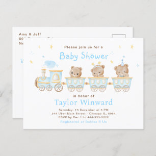 Carte Postale Baby shower du train Bear Blue