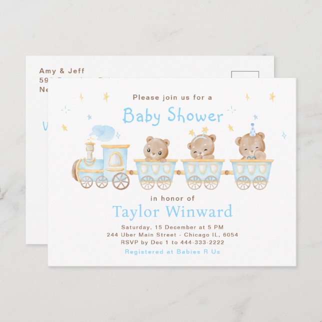 Carte Postale Baby shower du train Bear Blue (Devant / Derrière)