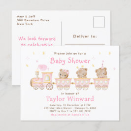 Carte Postale Baby shower du train Bear Pink
