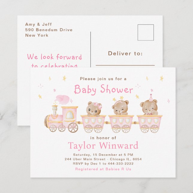 Carte Postale Baby shower du train Bear Pink (Devant / Derrière)