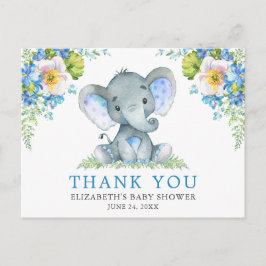 Carte Postale Baby Shower éléphant floral bleu aquarelle