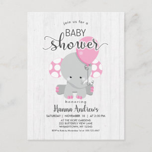 Carte Postale Baby shower éléphant rose bois blanc Invitation