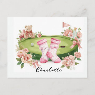 Carte Postale Baby shower fille de golf avec ours en peluche ros