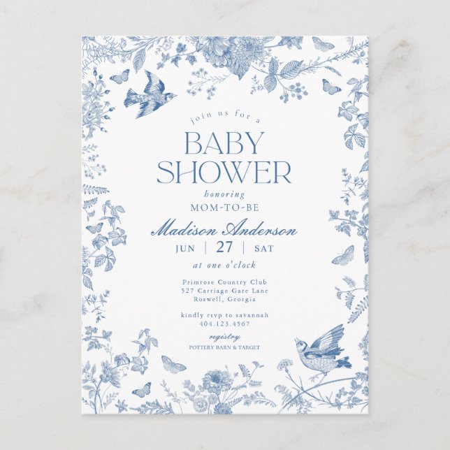 Carte Postale Baby Shower Fleur Bleue Toile De Jouy Français (Devant)