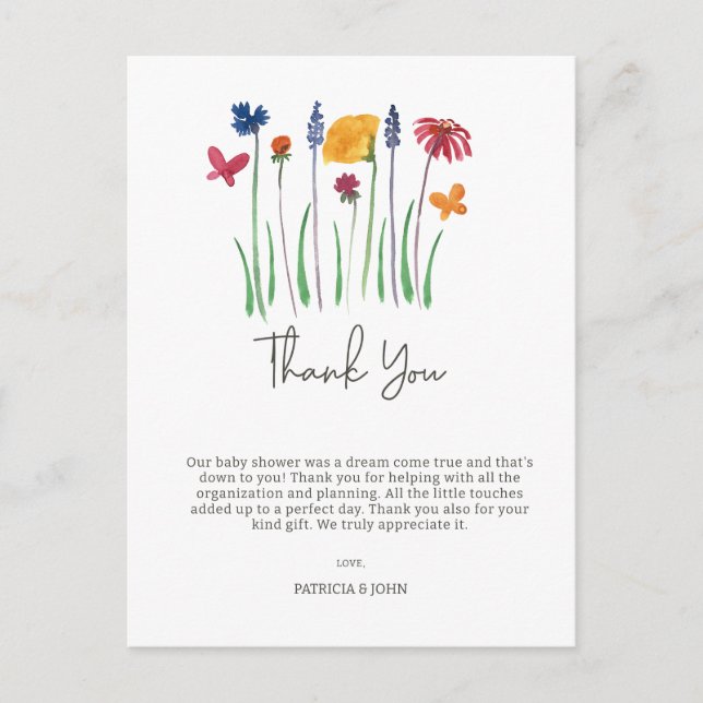 Carte Postale Baby shower fleur sauvage bébé fille Merci (Devant)