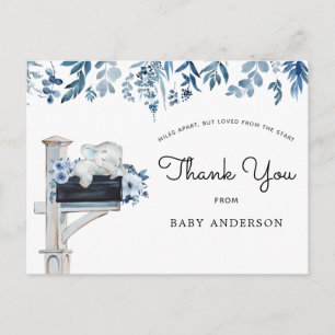 Carte Postale Baby shower floral bleu éléphant par Merci du cour