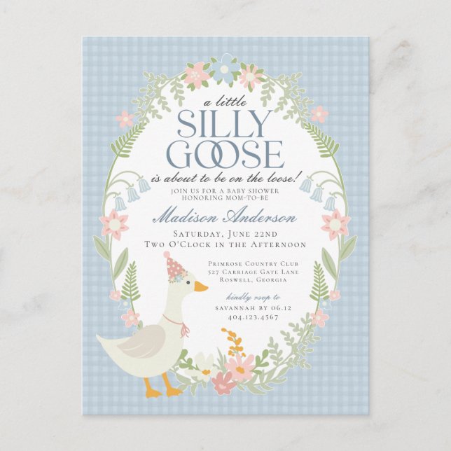 Carte Postale Baby shower Floral En vichy d'oie soie bleue (Devant)