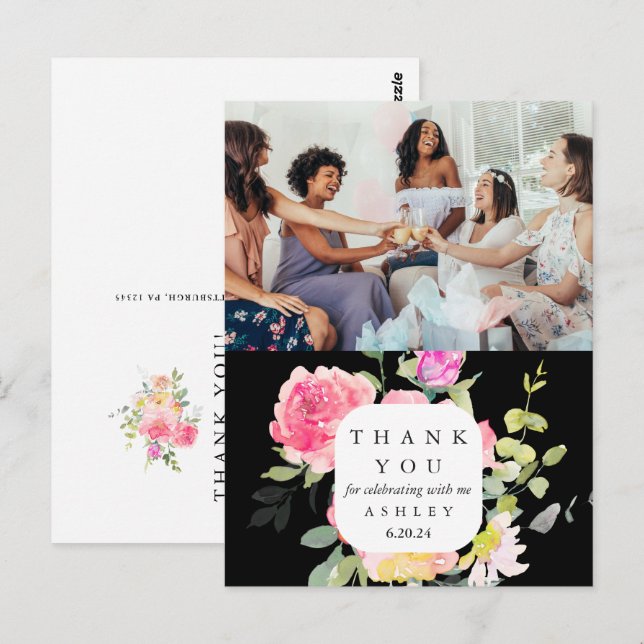 Carte Postale Baby shower Floral Merci photo (Devant / Derrière)