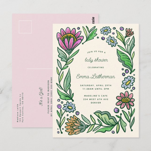 Carte Postale Baby shower floral scandinave artistique (Devant / Derrière)