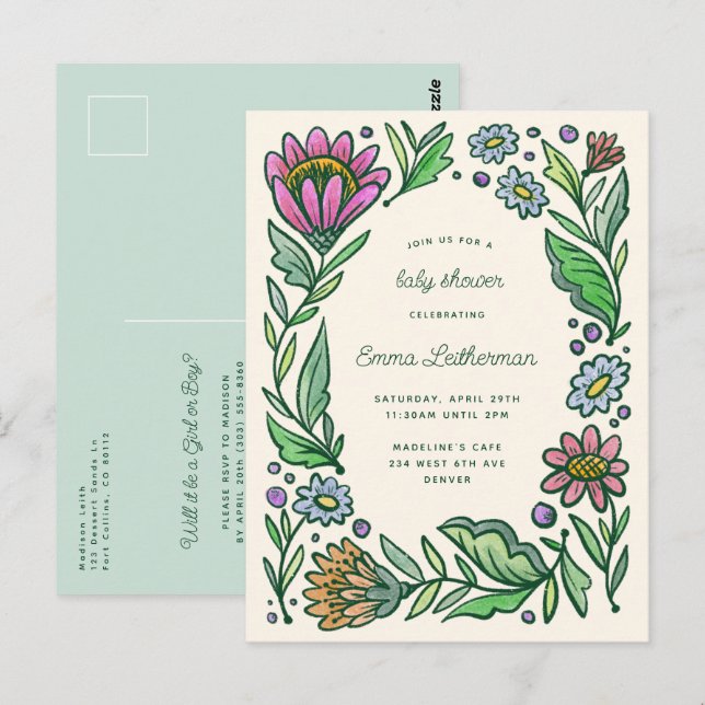 Carte Postale Baby shower floral scandinave artistique (Devant / Derrière)