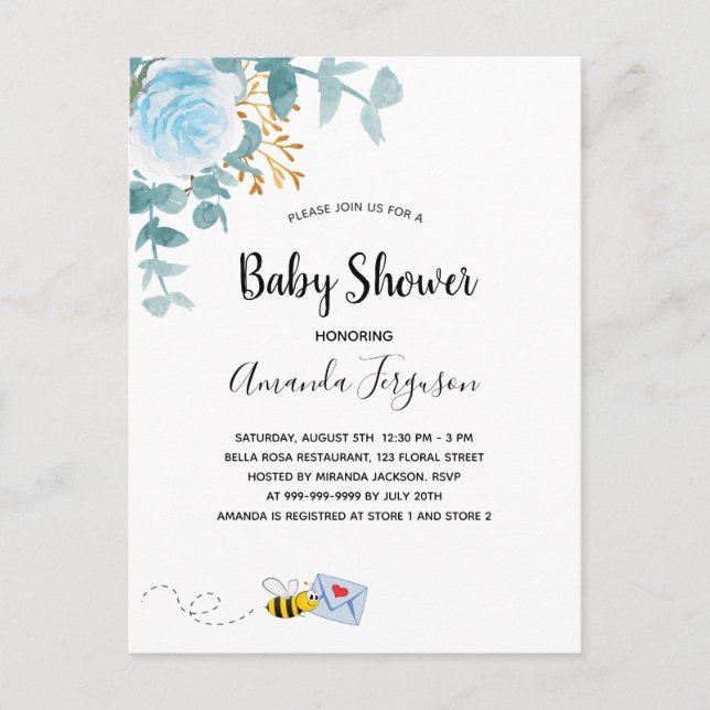Carte Postale Baby shower garçon bleu floral vert maman à être (Devant)