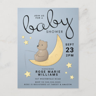 Carte Postale Baby shower   Lune d'ours et étoiles