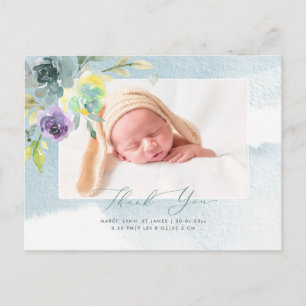 Carte Postale baby shower Merci Aquarelle Dusty Blue Peony