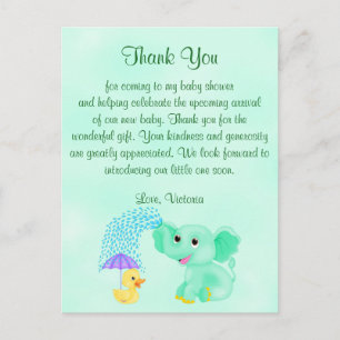 Carte Postale baby shower Merci Genre Neutre Éléphant