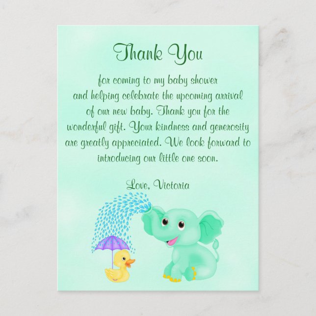 Carte Postale Baby shower Merci Genre Neutre Eléphant (Devant)
