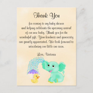 Carte Postale baby shower Merci Genre Neutre Éléphant