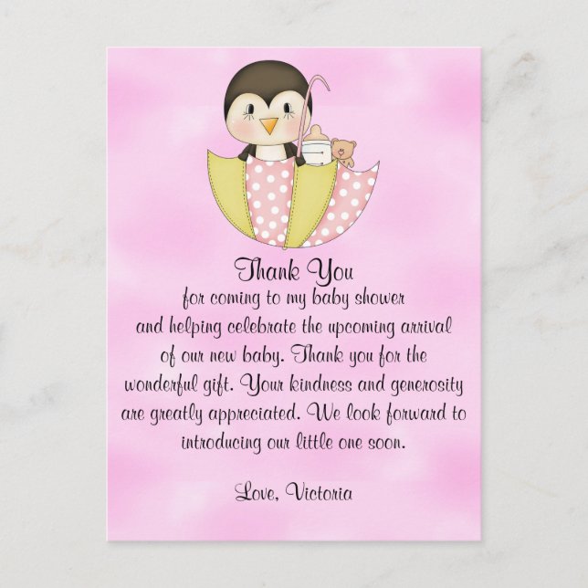 Carte Postale Baby shower Merci Penguin (Devant)