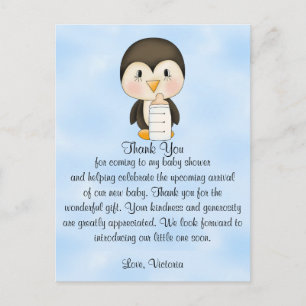 Carte Postale baby shower Merci Penguin