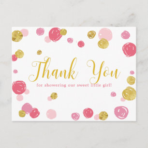 Carte Postale Baby shower Merci Pois en or rose doux
