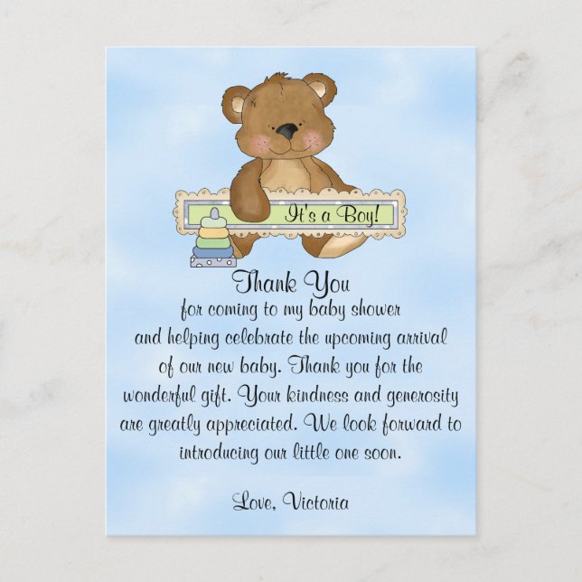 Carte Postale Baby shower Merci Teddy Bear (Devant)