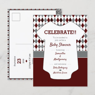 Carte Postale Baby shower Motif de Jacquard bleu marron et gris