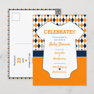 Carte Postale Baby shower Motif Jacquard bleu orange et marine