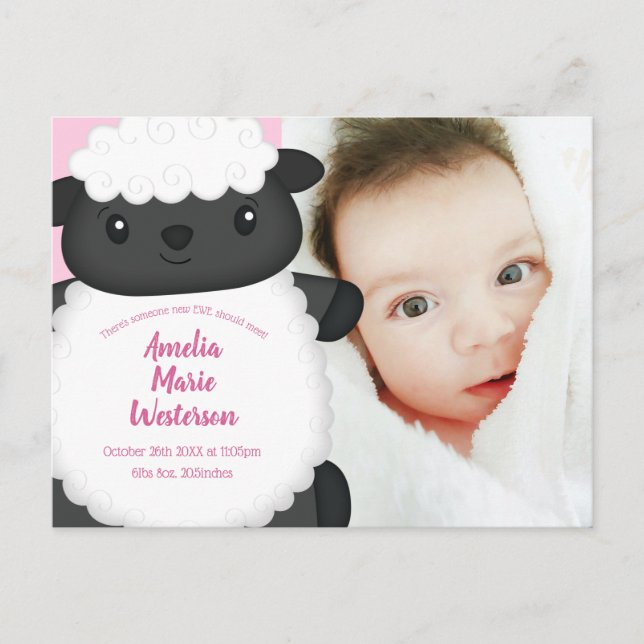 Carte Postale Baby shower mouton ferme rose fille (Devant)