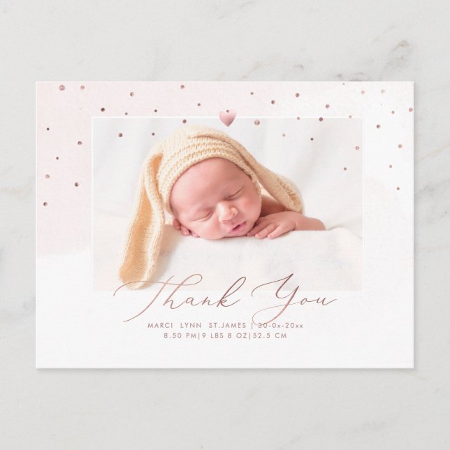 Carte Postale Baby shower or rose Merci Aquarelle (Devant)