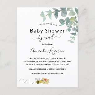 Carte Postale Baby shower par mail blanc eucalyptus vert abeille