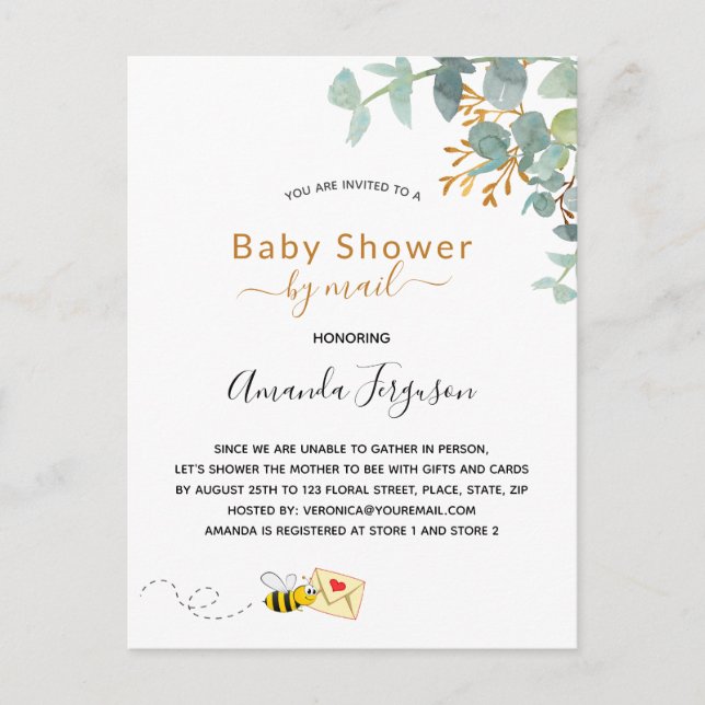 Carte Postale Baby shower par mail eucalyptus vert maman à abeil (Devant)