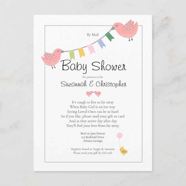 Carte Postale Baby shower Par Mail Girl Pink Birds (Devant)