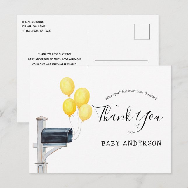 Carte Postale Baby shower par Mail Merci Ballons Jaunes (Devant / Derrière)