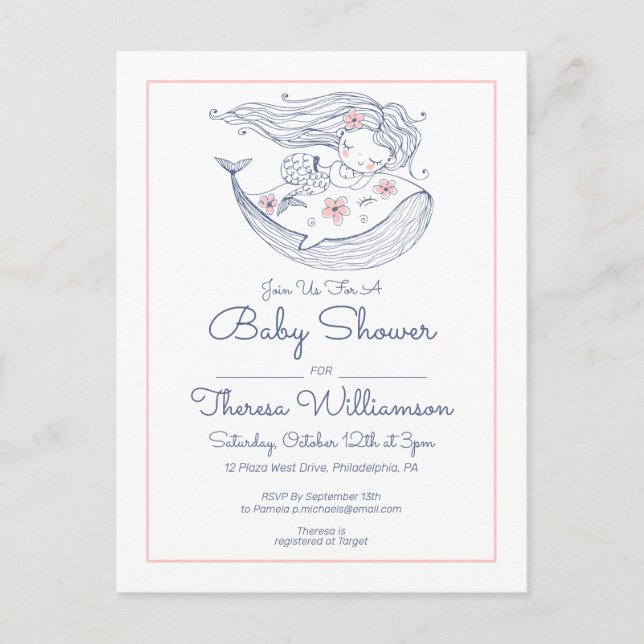 Carte Postale Baby Shower | Petite Fille Mermaid Rose (Devant)