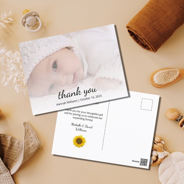Carte Postale Baby shower Photo Simple Merci Tournesol (Créateur téléchargé)