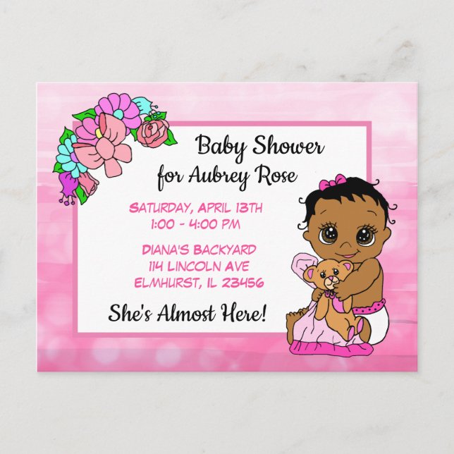 Carte Postale Baby shower pour fille, Pink Bow Ethnic Baby Invit (Devant)