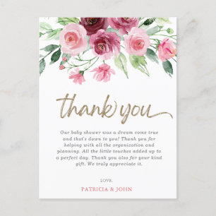 Carte Postale Baby shower rose Bourgogne Floral fille Merci