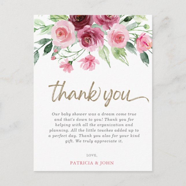 Carte Postale Baby shower rose Bourgogne Floral fille Merci (Devant)