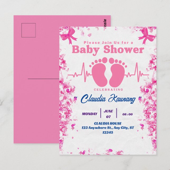 Carte Postale Baby shower rose et bleu fille (Devant / Derrière)