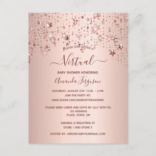Carte Postale Baby shower rose étoiles goutte d'or virtuel