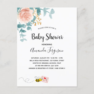 Carte Postale Baby shower rose fleurie verte maman à être