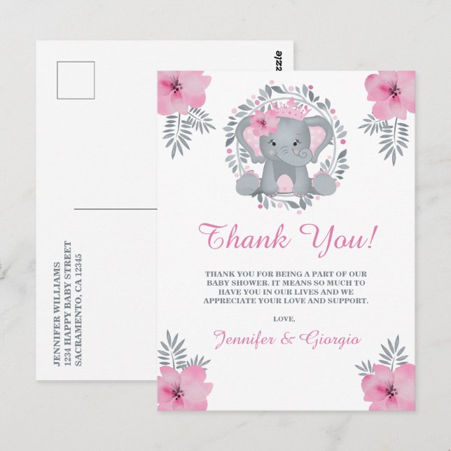 Carte Postale Baby shower Safari rose Floral Elephant Merci (Devant / Derrière)