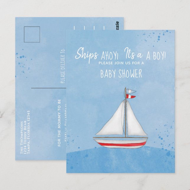 Carte Postale Baby shower Ship Ahoy C'est un garçon Simple Nauti (Devant / Derrière)