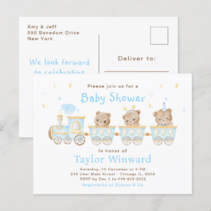 Carte Postale Baby Shower Train Bleu Ours