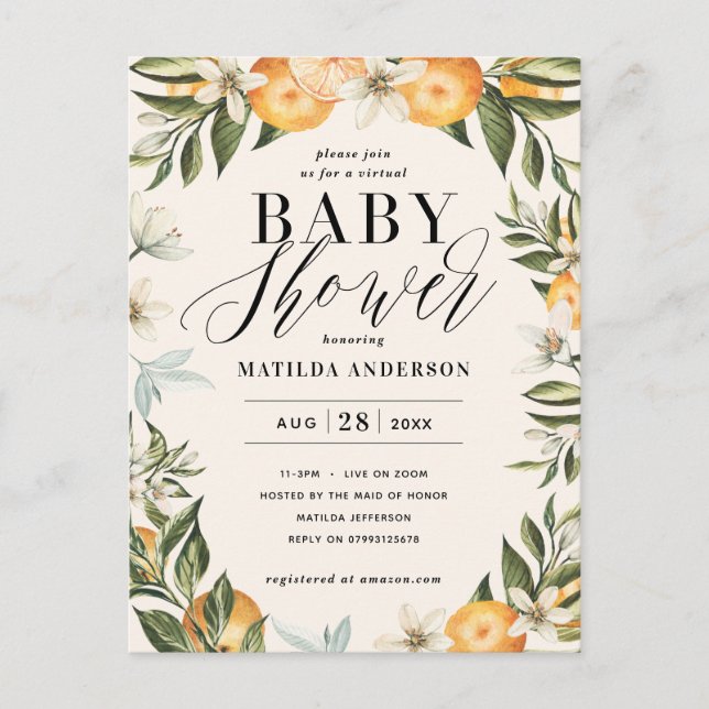Carte Postale Baby shower virtuel en fleur d'oranger agrumes (Devant)