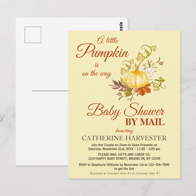 Carte Postale Baby shower virtuel rustique petit Citrouille par  (Devant / Derrière)