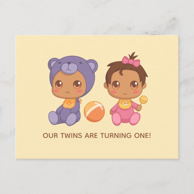 Carte Postale Baby Twins Premier anniversaire fille ours Invitat (Devant)
