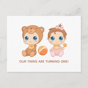 Carte Postale Baby Twins Premier anniversaire fille ours Invitat