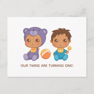 Carte Postale Baby Twins Premier anniversaire Garçon Ours Invita