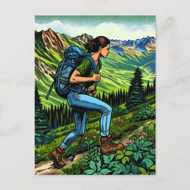 Carte Postale Backpacking Girl Randonnée le sentier (Devant)