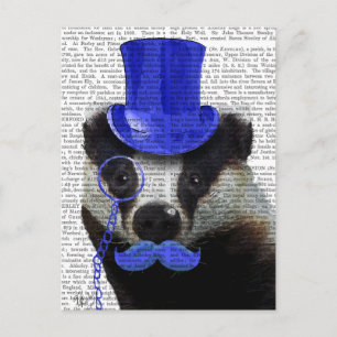 Carte Postale Badger avec chapeau bleu et moustache